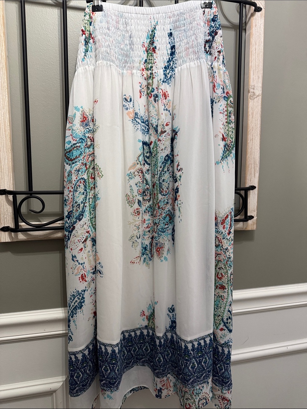 J. Jill White Maxi Skirt with Blue, Teal and Coral Paisley